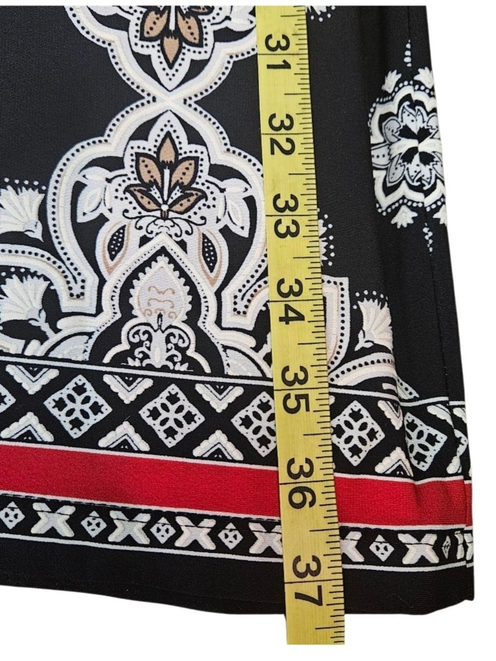 Studio One New York Black Red Cream 3/4 Sleeve Medallion Patterned Midi Dress - Picture 14 of 17